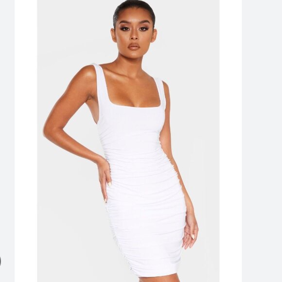 white slinky ruched sleeveless bodycon dress PrettyLittleThing | Dresses | White Slinky Ruched Sleeveless Bodycon Dress